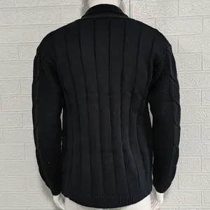 Back view of black men's knitted cardigan with vertical stripe and cable knit patterns