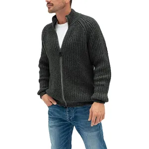 Men's grey full-zip knitted cardigan sweater with high neck collar for casual wear