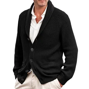 Close-up of a men's black ribbed knit cardigan sweater with classic shawl collar