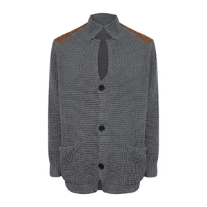 Cardigan vintage in maglia grigia con toppe sulle spalle in PU marrone e bottoni