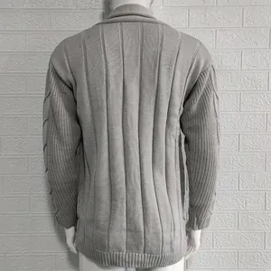 Detailed back view of a grey men's vertical ribbed knit cardigan sweater for winter