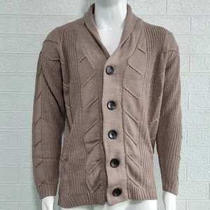 Detailed view of mocha brown men's shawl collar cardigan featuring textured cable knit pattern