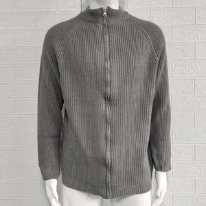 Men's gray ribbed knit cardigan with full-length zipper and stand collar detail