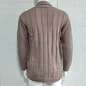 Close-up back view of brown knitted cardigan showing the detailed vertical striped texture