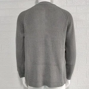 Back view of a gray ribbed knit cardigan sweater for men with raglan sleeves.