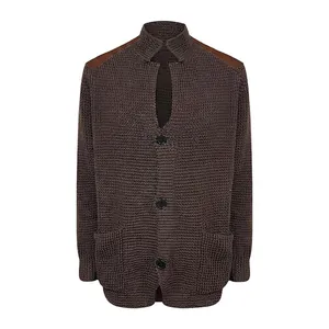 Cardigan vintage in maglia marrone con inserti in pelle PU
