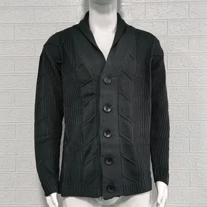 Detailed texture of black men's shawl collar knit cardigan with buttons