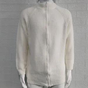 Detail showing the vertical ribbed texture of a white zip-up men's sweater on mannequin
