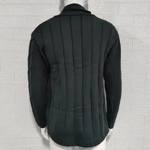 Back view of men's knitted cardigan showing vertical ribbed texture and cable knit sleeves