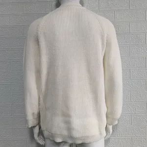 Back view of a white ribbed knit cardigan for men with a casual textured finish.