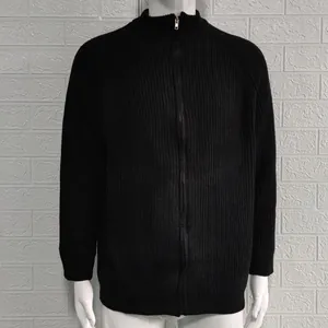 Close-up of black men's zip-up knit cardigan with a ribbed texture and high collar.
