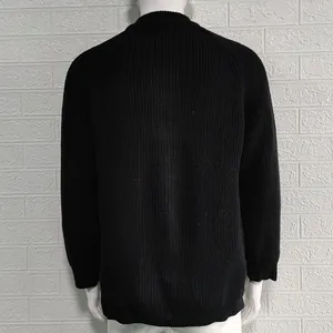 Back view detail of a classic black ribbed knit cardigan for men with ribbed cuffs