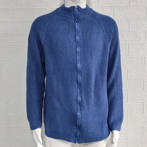 Detailed view of men's blue knitted cardigan with high collar and full zipper