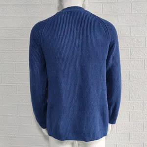 Back view of a classic blue ribbed knit cardigan sweater for men, autumn winter style.