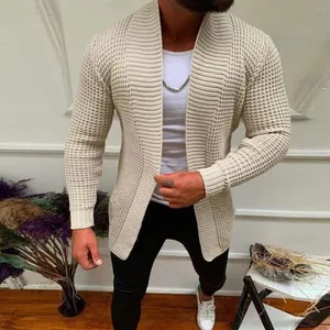 Detailed texture of off-white men's long-sleeve knitted cardigan sweater for autumn winter