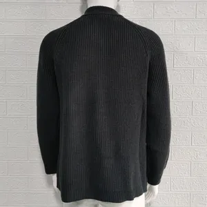 Back view of men's ribbed knit cardigan in charcoal black with raglan sleeves
