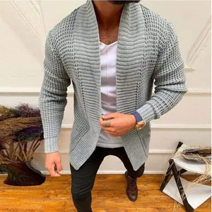 Western Style Men Open Front Knit Cardigan Sweater Waffle Texture Acrylic Long Sleeve Solid Color Outerwear For Youth Casual Men