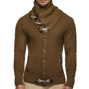 Detail of men's chunky brown knit cardigan featuring toggle buttons and a high neck