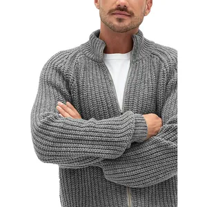 Premium mens grey ribbed knit cardigan sweater with high collar and front zipper closure