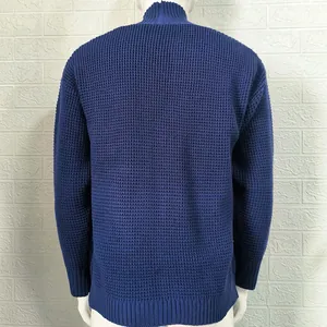 Detailed back view of a blue long-sleeve knit sweater for men with chunky waffle texture