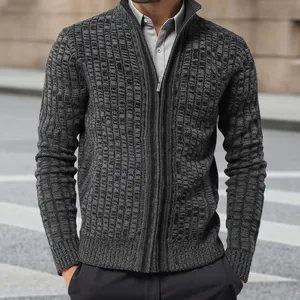 Detailed macro view of a men's grey textured zip-up knit cardigan with a stand collar