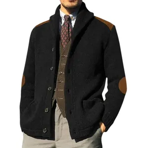 Detailed view of men's black knit cardigan with brown PU elbow and shoulder patches