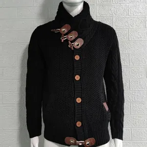 Front detail of men's black knit cardigan showing high collar and toggle buttons