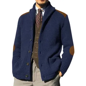 Men's Vintage Shawl Collar Knit Cardigan Sweaters With PU Leather Patchwork Long Sleeve Button Up Casual Jacket Top Plus Size