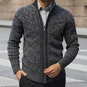 Detail view of men's slim fit textured zip-up cardigan with stand collar in charcoal gray