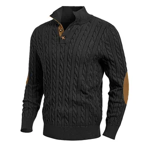 Schmal geschnittener, dunkelgrauer Zopfstrickpullover für Herren mit Stehkragen und Patches