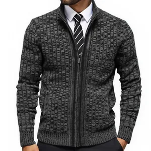 Detailed texture of slim fit British style knit cardigan with stand collar and zipper
