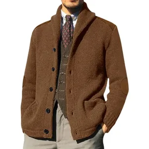 Men's brown knitted cardigan sweater featuring PU leather shoulder and elbow patches