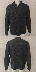 Front and back view of a men's textured knit zip-up cardigan with stand collar.