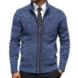 Men's slim fit knitted cardigan with stand collar and blue textured pattern