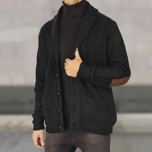 Detailed view of men's black waffle knit cardigan with brown suede elbow patches