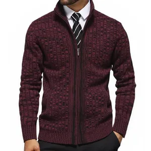 Detailed view of the burgundy knit pattern and zipper of this men's stand collar cardigan