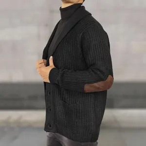 Close-up of men's black knit cardigan featuring stylish brown suede elbow patches details