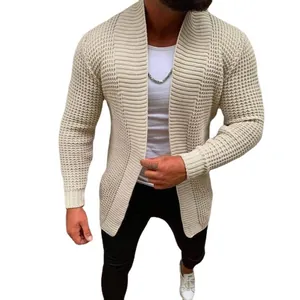 Men's stylish solid cream waffle knit long sleeve cardigan sweater for autumn and winter