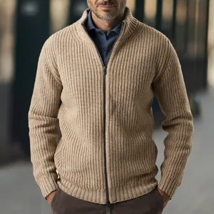 Detailed view of the ribbed knit texture and zipper on this slim fit men's cardigan.