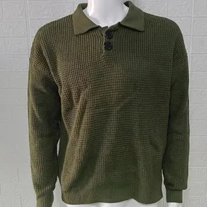 Close-up detail of olive green waffle knit polo sweater for men with classic collar