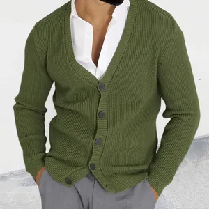 Close-up detail of olive green men's V-neck knitted cardigan with button closure
