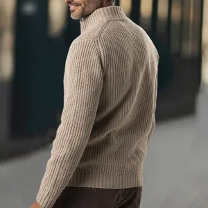 Back and side detail view of men's beige half-zip ribbed knit sweater cardigan