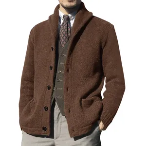 Detailed view of a men's brown shawl collar knit cardigan with textured stitching.