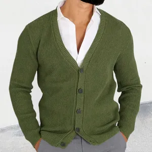Slim fit men's olive green V-neck knitted cardigan jacket with front button closure