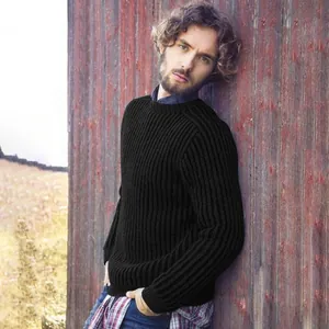 Close-up detail of men's black ribbed knit sweater featuring a classic crew neck