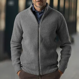 Close-up detail showing the ribbed texture of a grey men's mock neck zip cardigan sweater