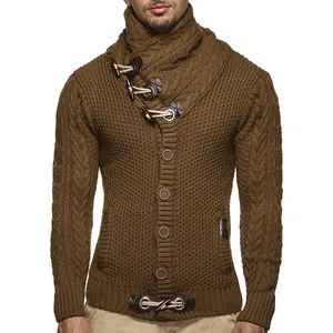 Men's high collar knitted cardigan sweater with stylish horn buttons for autumn winter