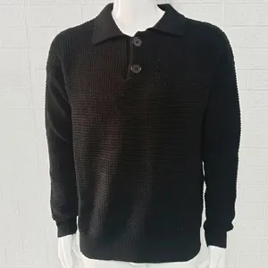 Close-up of men's long-sleeved waffle knit polo sweater in elegant solid black color