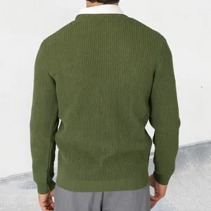 Back view of men's slim fit knitted cardigan sweater in olive green with ribbed texture.