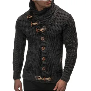 Stylish men's chunky knit sweater jacket featuring a high neck and toggle button closure